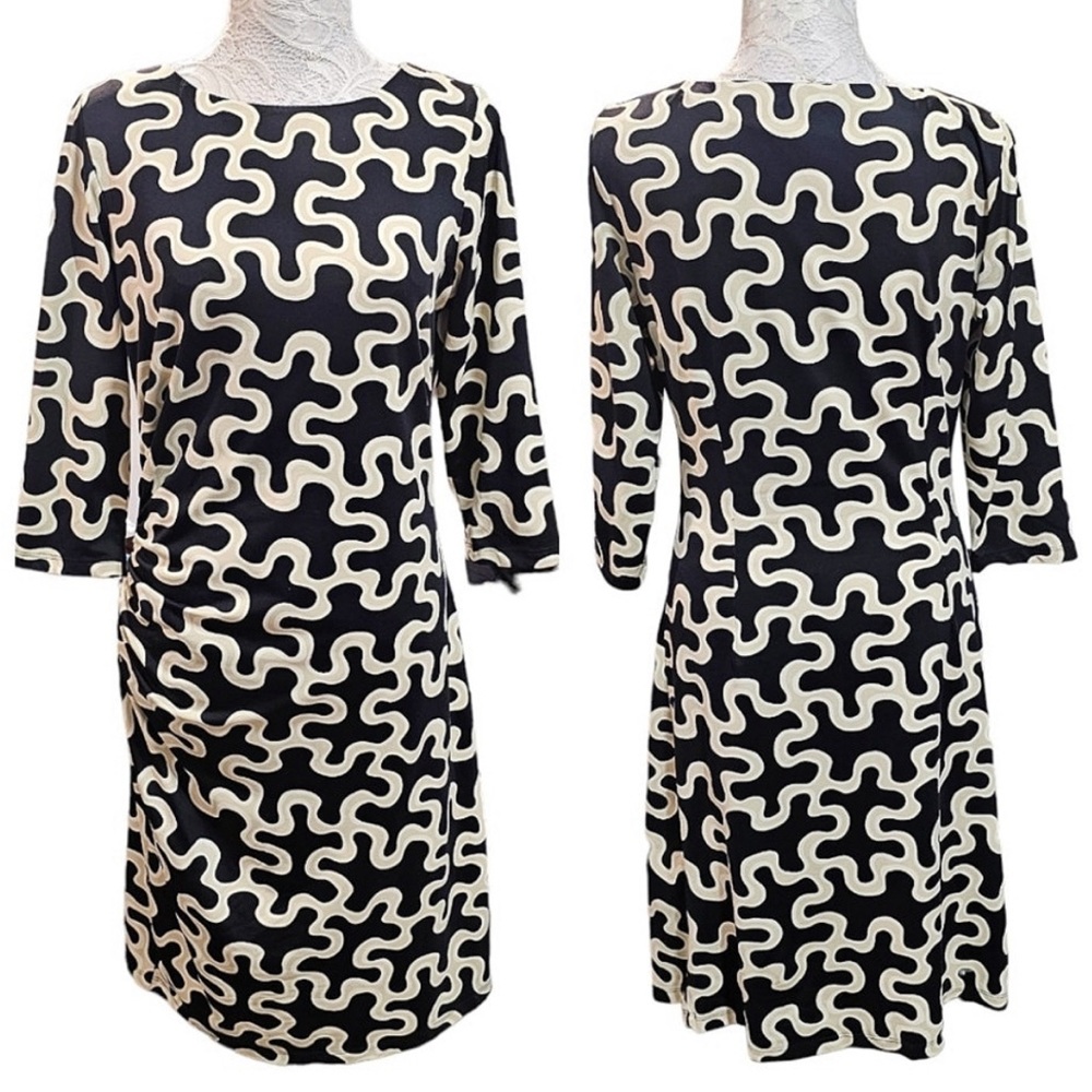 J. Mclaughlin Catalina Cloth Ruched Puzzle Print Dress Size Medium 3/4 Sleeve